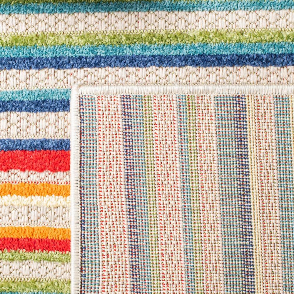 Ivory and Green Geometric Synthetic Runner Rug