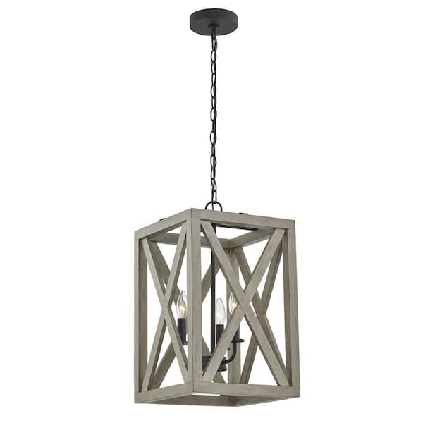 3-Light Anchor Grey Oak Matte Black Lantern Rectangle Chandelier