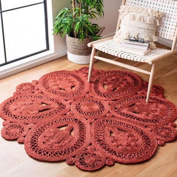 Natural Fiber Rust 5 ft. x 5 ft. Woven Floral Round Area Rug