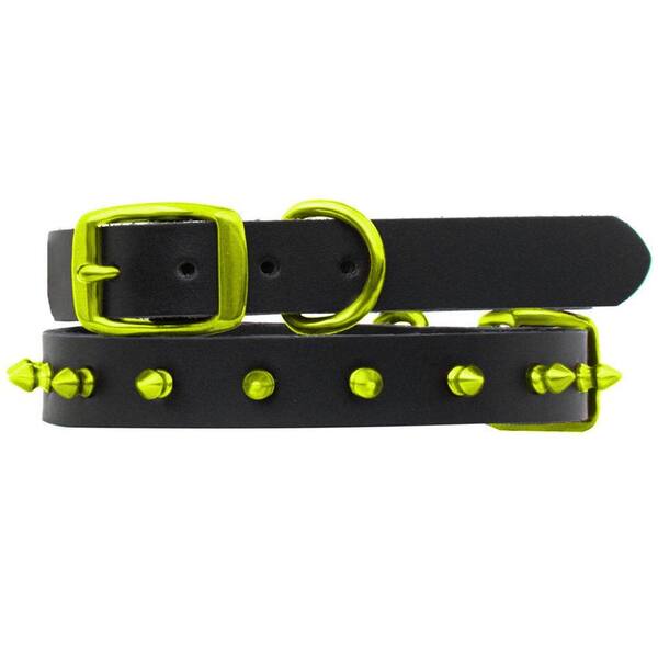 Platinum Pets 15 in. Black Genuine Leather Dog Collar in Lime Spikes