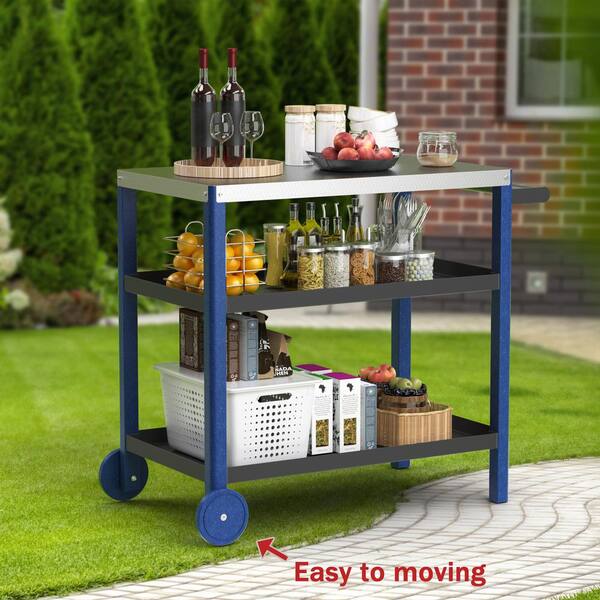 Unbranded - Black 3-Shelf Storage Outdoor Steel Grill Cart with Navy HDPE Legs