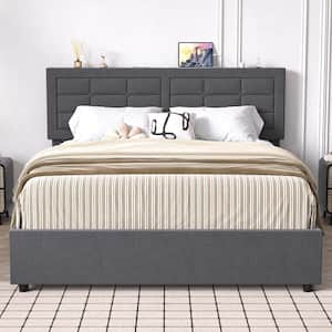 Upholstered Bed Frame Gray Metal Frame Queen Platform Bed with USB and Type C Ports, Heavy-Duty Wood Slats