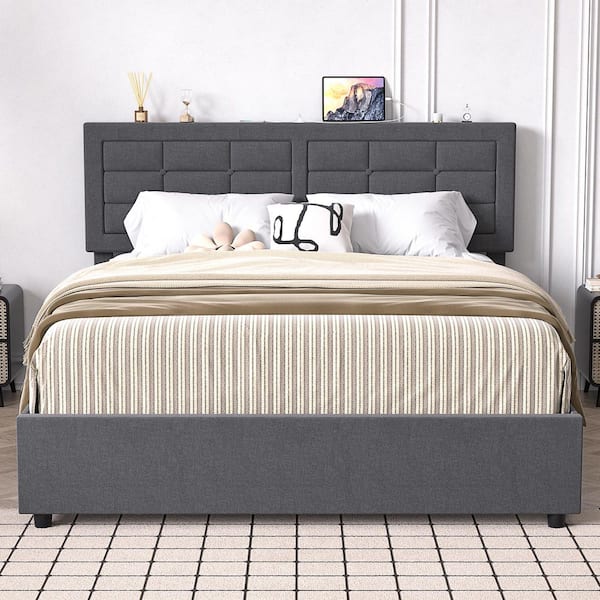 Upholstered Bed Frame Gray Metal Frame Queen Platform Bed with USB and Type C Ports, Heavy-Duty Wood Slats