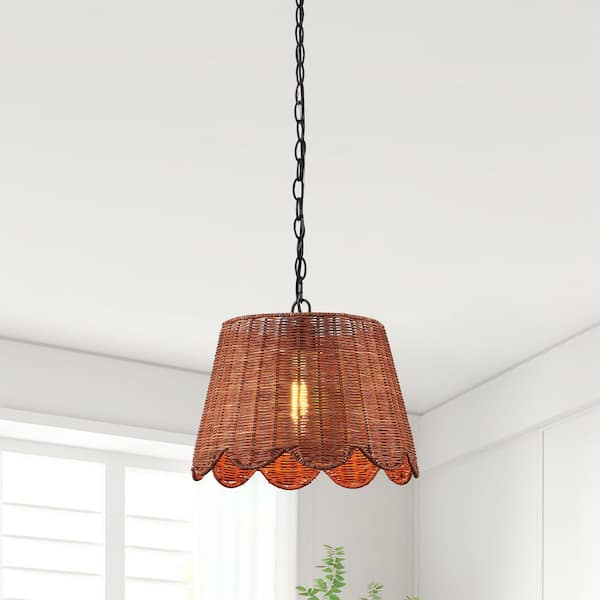 60-Watt 1-Light Painted Black Shaded Pendant Light with Dark Brown Rattan Shade