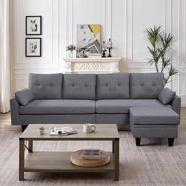 STICKON 101 in. W Slope Arms 4-Seat L Shaped Fabric Modern Sectional Sofa in Light Grey with Storage Ottoman and Side Bags