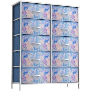 10-Drawer Multi-Colored Tie-Dye Blue Dresser Steel Frame Wood Top Easy Pull Fabric Bins 47 in. H x 34 in. W x 12 in. D