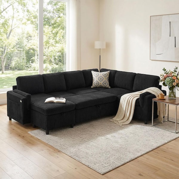Hawthorne Modern 111 in. Corduroy Fabric Upholstered U-shaped Sectional Sofa in Black, Pull Out Sofa Bed with USB Ports