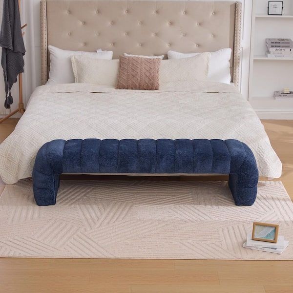 69.7 in. Navy Channel Tufted Chenille Bed Bench-Storage Ottoman Foot Stool for Living Room and Bedroom, Entryway