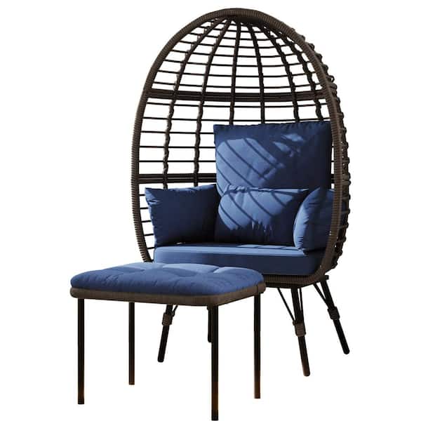 Unbranded PE Rattan Wicker Steel Frame Patio Swing Egg Chair with Blue Seat Cushion and Back Cushion