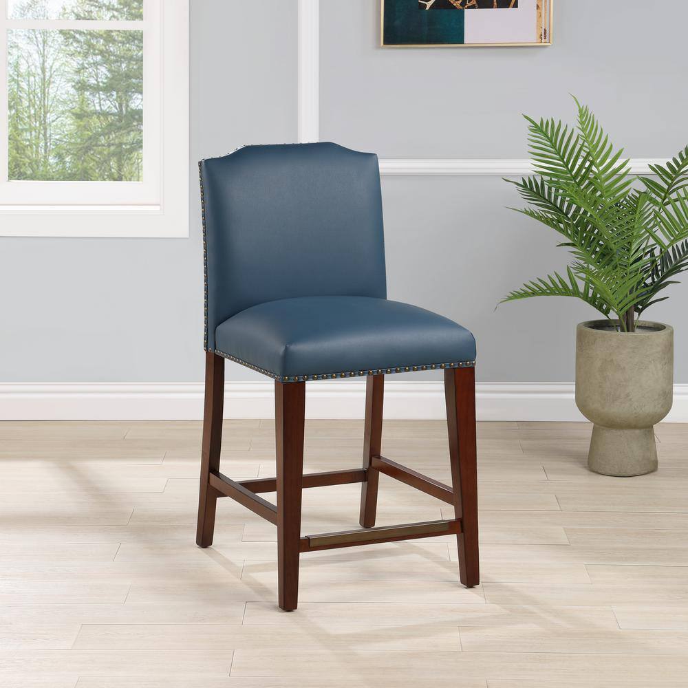 Blue Faux Leather and Wood Counter Stool with Nailhead Trim