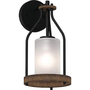 Emery 1-Light 5 in. Walnut and Black Indoor Vanity Wall Sconce or Wall Mount with Frosted Glass Cylinder Shade
