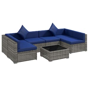 Mixed Gray 7-Piece Wicker Patio Conversation Set with Blue Cushions