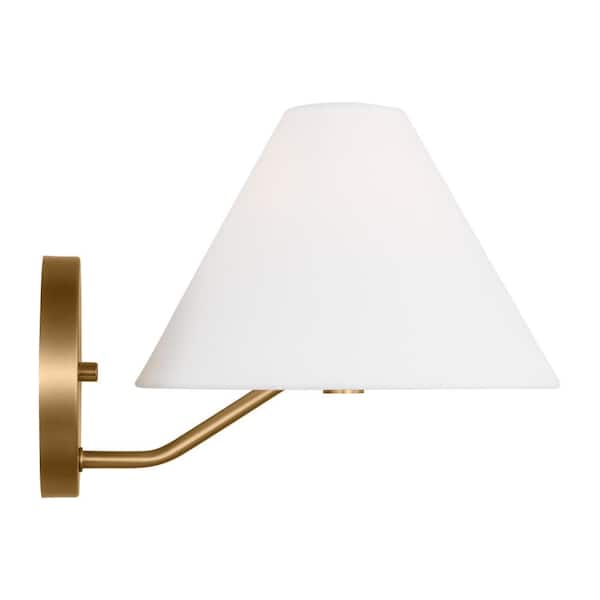 SCOTT LIVING Burke 1-Light Satin Brass Wall Sconce with White Linen Fabric Shade