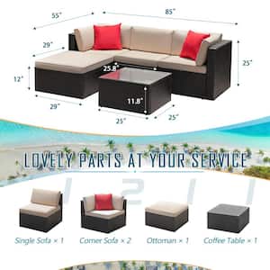 5-Pieces Wicker Patio Conversation Furniture Outdoor Rattan Sofa Set with Glass Coffee Table and Beige Cushion