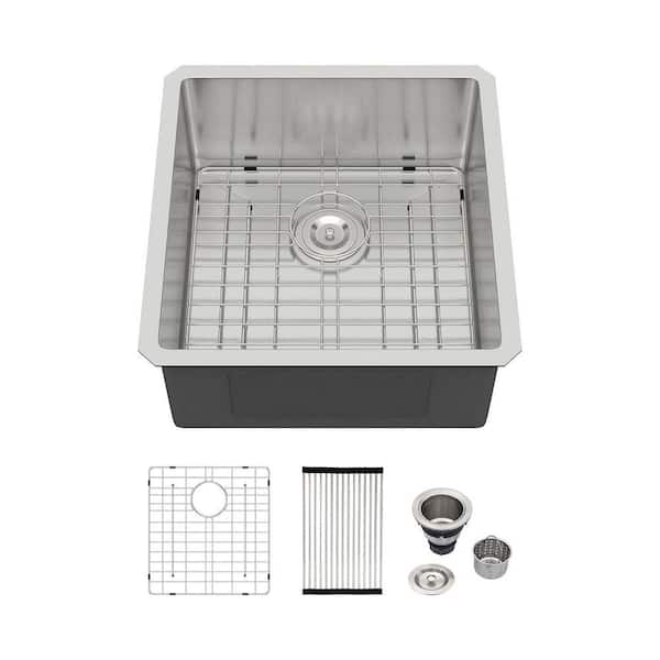 19 in. Undermount Bar Sink 16-Gauge Stainless Steel Kitchen Sink in Brushed with Bottom Grid