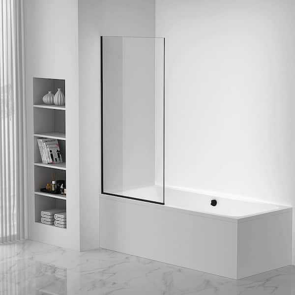 FINE FIXTURES 34.25 in. W x 58 in. H Fixed Tub Door Frameless in Black Finish with Tempered Clear Glass