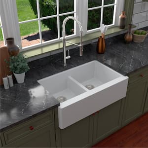 Farmhouse Apron Front Quartz Composite 34 in. Double Bowl Kitchen Sink in White