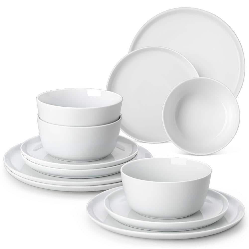 MALACASA 12-Piece White Porcelain Dinnerware Set Service for 4 Dinner Set with Dinner Plate Dessert Plate Cereal Bowl for Kitchen LEXI-12