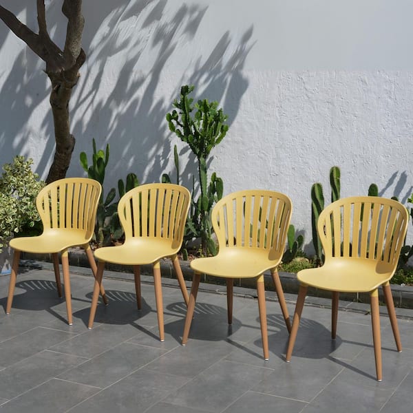 Luna 4-Piece Recycled Resin and Teak Finish Wood Legs Patio Dining Side Chair Set, Yellow
