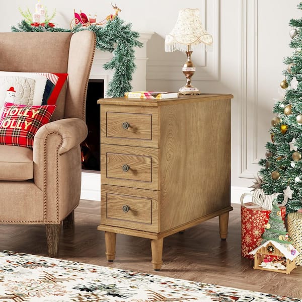 Calvin 11.8 in. W Fully Assembled Rectangle Wood Color Brown End Side Table 3-Drawers Bedside Nightstand Small Spaces