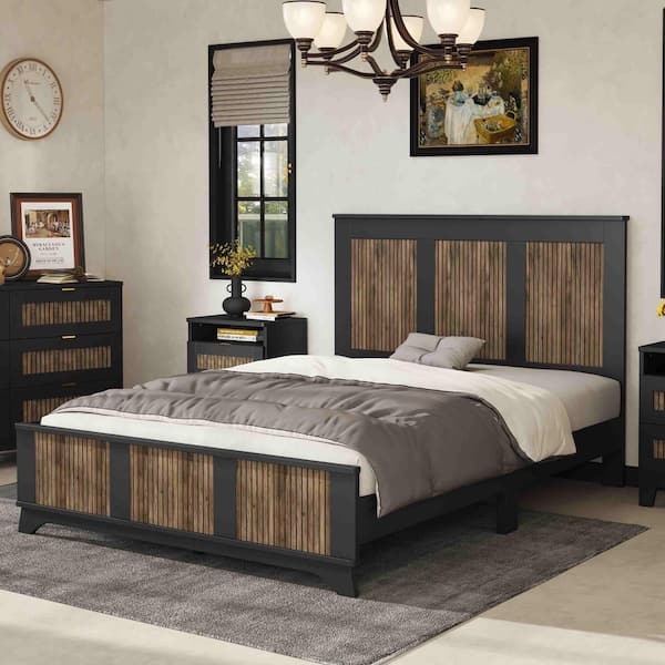 Polibi Black Wood Frame Queen Size Platform Bed with Wooden Strip Stickers Decoration
