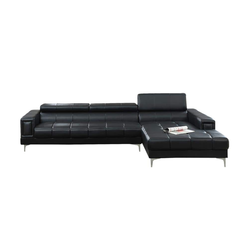 117 in. Square Arm 2-Piece Leather L-Shaped Sectional Sofa in Black with Ch