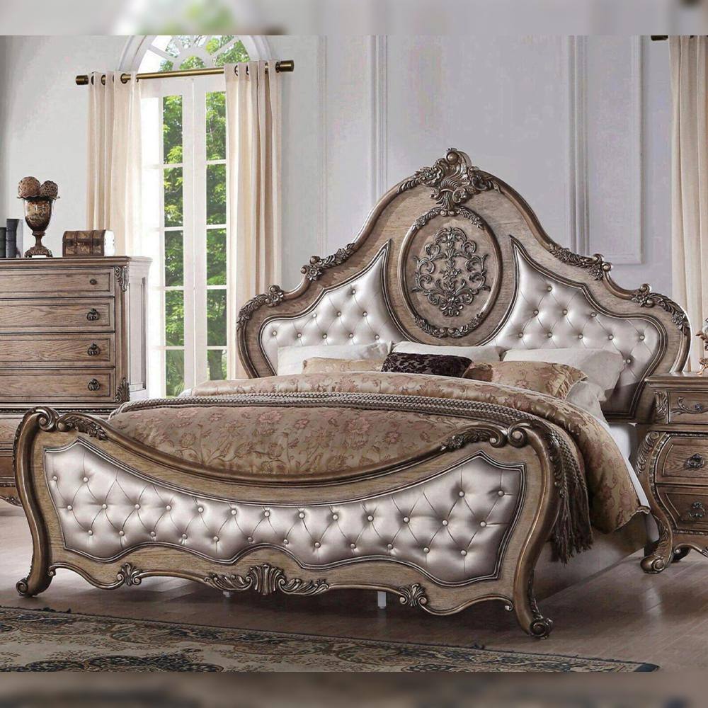 King Size Vintage Oak Upholstered Bed with Tufted Headboard