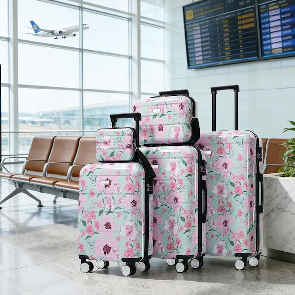 5 Bags 5-Piece Green & Pink Flower PC Hardshell Double Spinner 20"24"28" Luggage Set with 8" Case, 14" Cosmetic Case