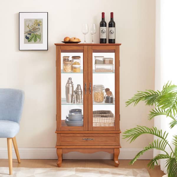 Oak 49.4 in. H Lighted Curio Cabinet with Adjustable Glass Shelves and Drawer Glass Display Cabinet (Bulb Included)