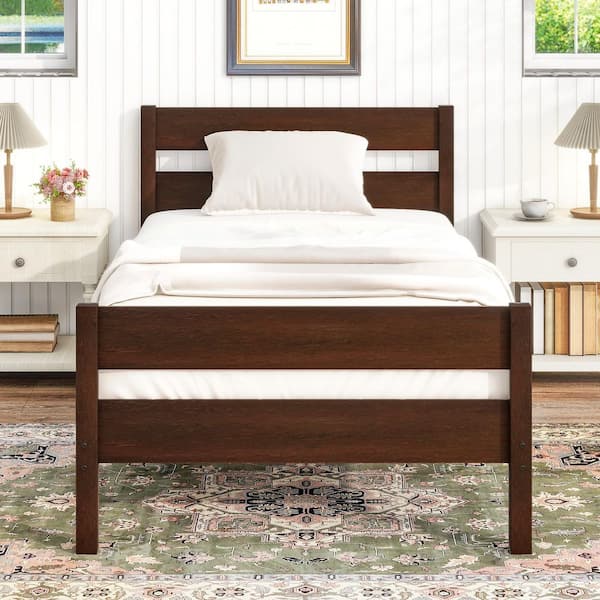 Dark Brown Wood Frame Twin Size Platform Bed with Headboard and Footboard
