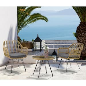 3-Piece Wicker Patio Conversation Set with Grey Cushions （Two Chair + One Table）