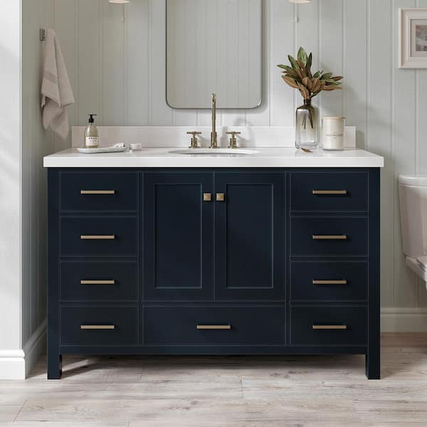 ARIEL Cambridge 55 in. W x 22 in. D x 36 in. H Vanity in Midnight Blue with Pure White Quartz Top