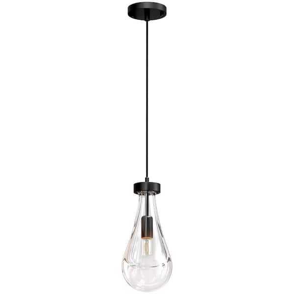 Merra 60-Watt 1-Light Black Shaded Luxury Raindrop Pendant with Teardrop Clear Glass Shade, No Bulbs Included