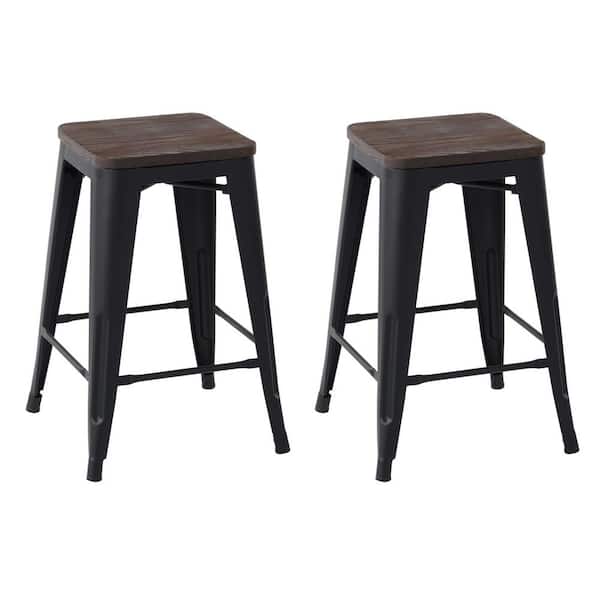 Homy Casa Zolnes 24 in. Black Backless Metal Frame Counter Stool With Wood Seat (Set of 2)