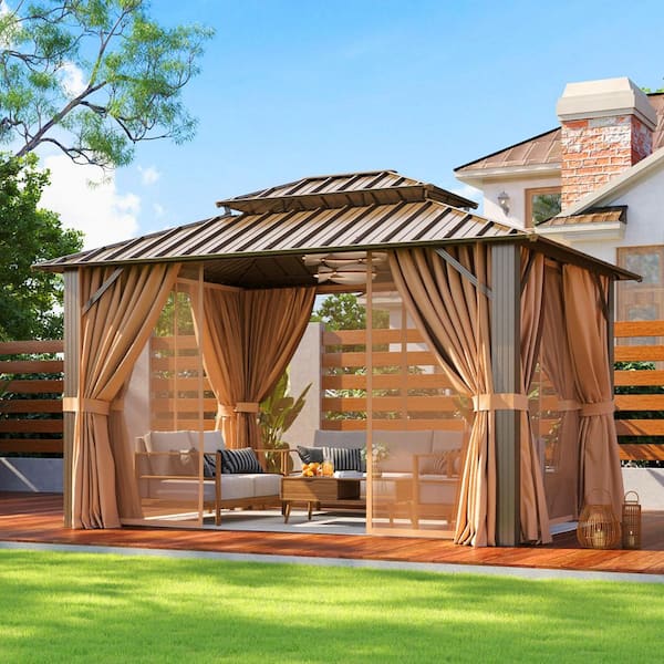 12 ft. x 10 ft. Brown Steel Frame Gazebo Double Roof Hardtop Gazebo with Hooks, Curtains, and Nettingc