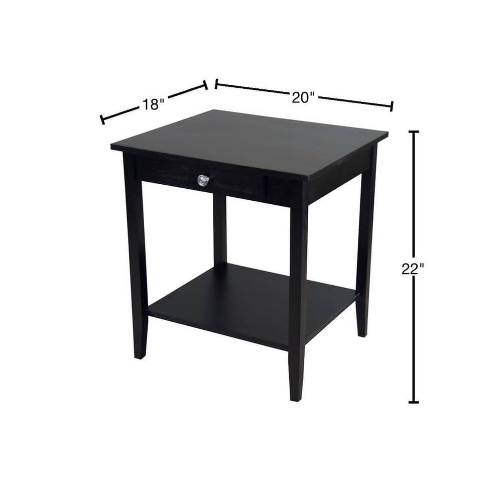 Black Solid Acacia Wood End Table with Drawer and Shelf