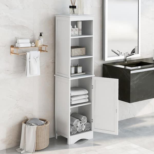 Bathroom Freestanding Storage Cabinet with Two Tier Open Shelves, Tall Slim  Cabinet with Door and Drawer, 15.75'' (White with Drawer) Free Standing  Linen Tower