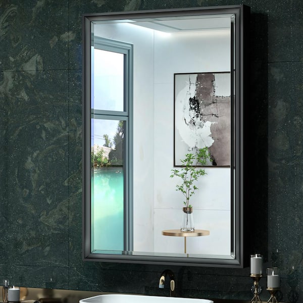 KeonJinn 24 in. W x 36 in. H Rectangular Brass Aluminum Alloy Black Framed Recessed/Surface Mount Medicine Cabinet with Mirror