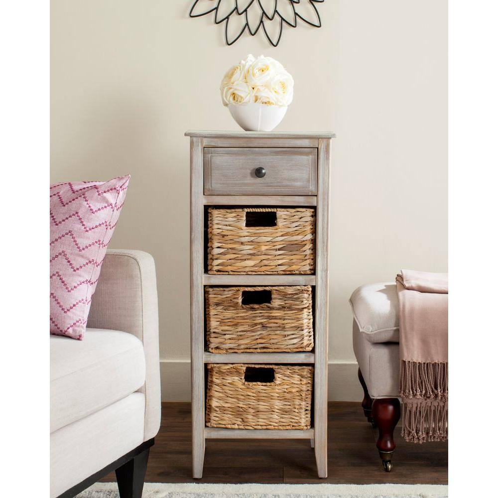 Transitional Michaela Rectangular Wooden Side Table with 4 Basket Drawers - Vintage White