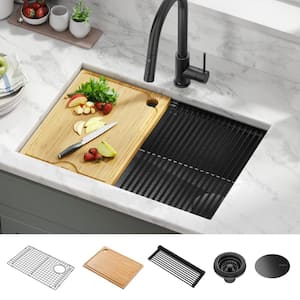 Kore 27 in. Undermount Single Bowl 16 Gauge Black Stainless Steel Kitchen Workstation Sink with Accessories