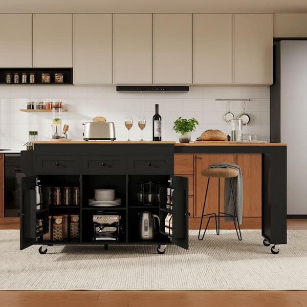 Farmhouse Black Wood 51.2 in. Drop Leaf Power Outlet Pull Out Trash Can Storage Kitchen Island with 5 Open Side Racks