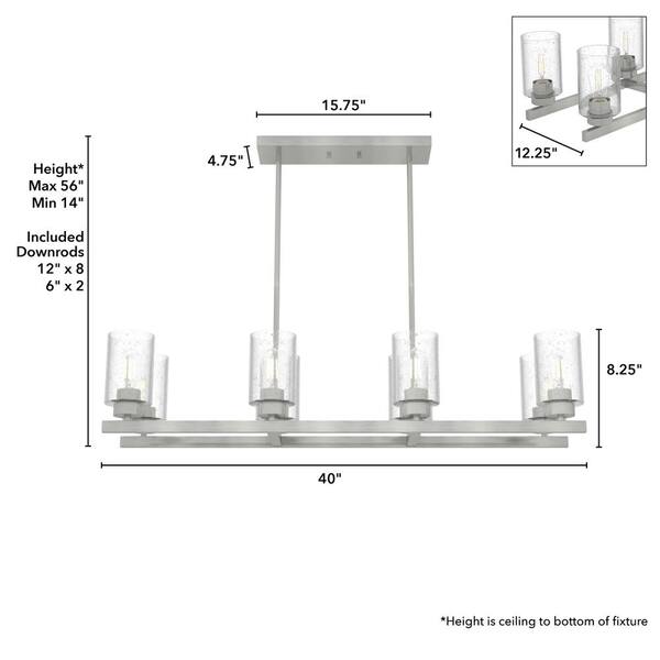 Hunter Hartland 8 Light Brushed Nickel Linear Chandelier with Seeded Glass Shades Dining Room Light