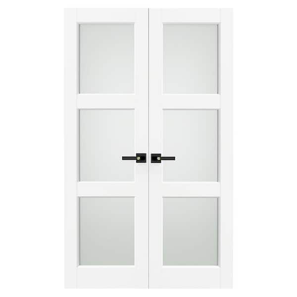 48 in. x 80 in. Solid Wood and MDF, Primed, White, 3 Lite, Frosted Glass Interior Door Slab With Black Lever Handle