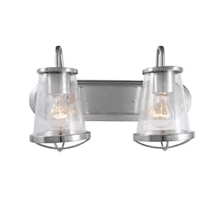 Georgina 18 in. 2-Light Brushed Nickel Industrial Rustic Vanity with Clear Seeded Glass Shades and Cage Accents