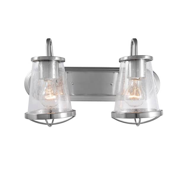 Home Decorators Collection Georgina 18 in. 2-Light Brushed Nickel Industrial Rustic Vanity with Clear Seeded Glass Shades and Cage Accents