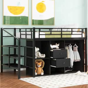Black Full Size Metal Loft Bed with Shelves, Open Wardrobe, 2-Drawers, Storage Staircase