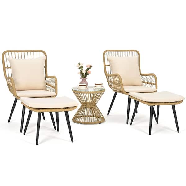 PamaPic 5-Piece Wicker Patio Conversation Set with White Beige Cushions