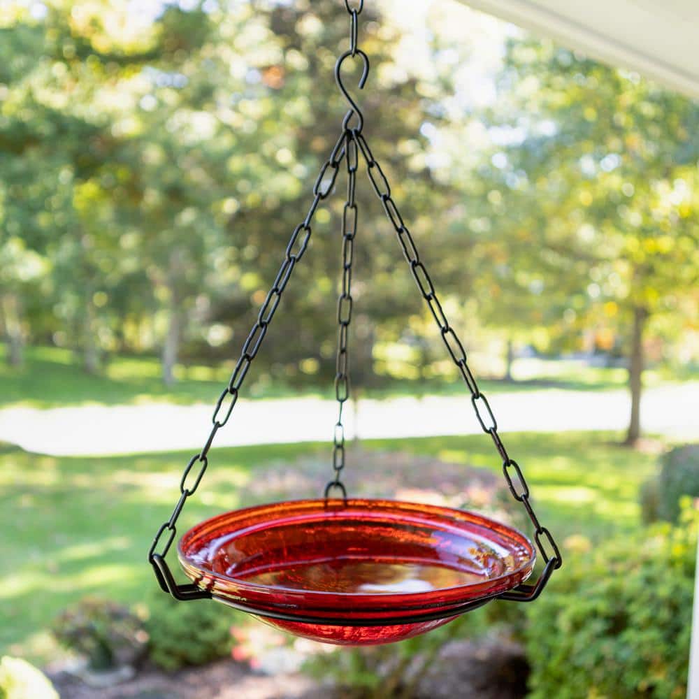 Red Crackle Glass Hanging Birdbath with Iron Chain