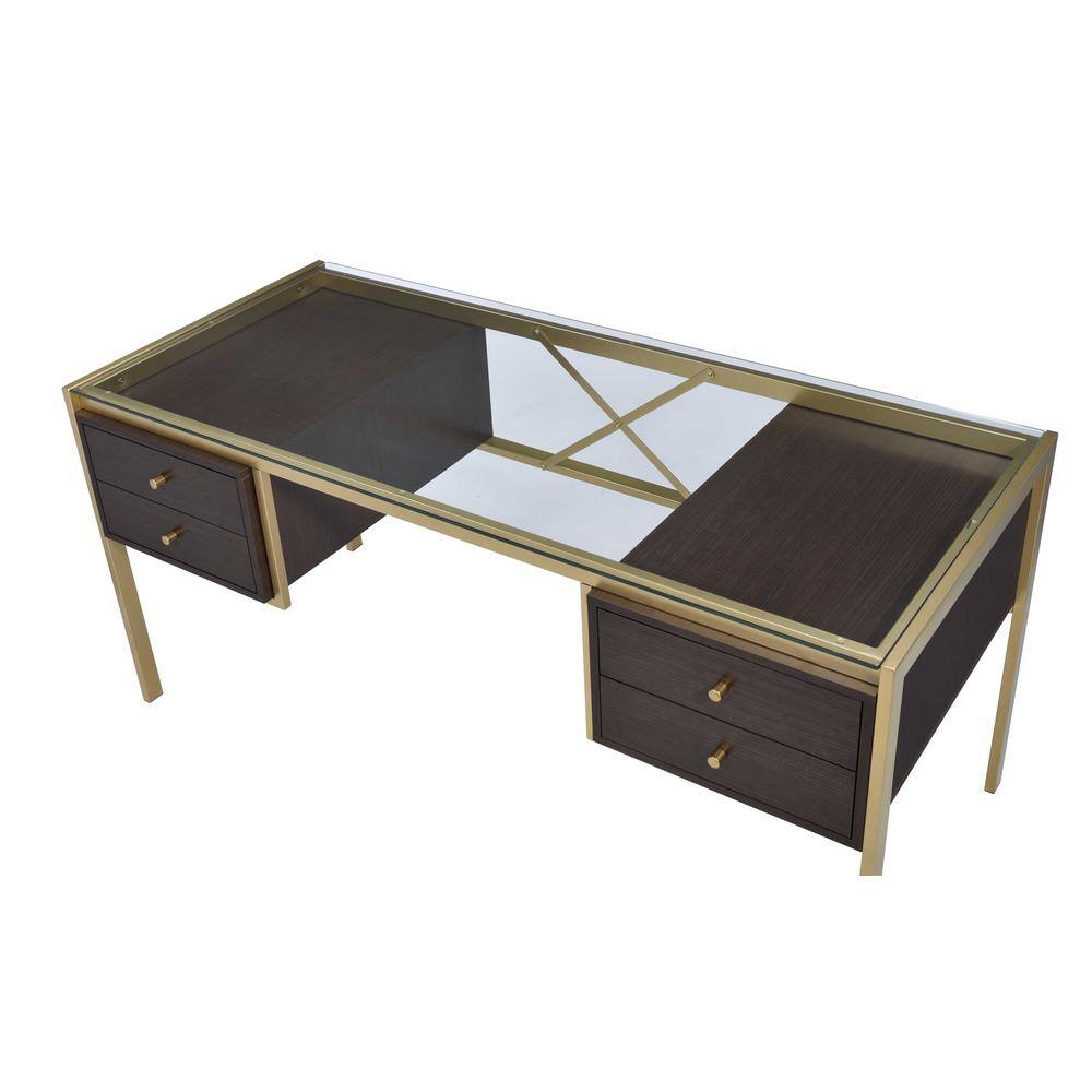Gold and Espresso Glass Executive Desk with Drawers