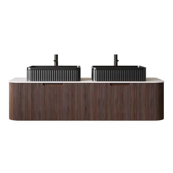 60 in. Wall-Mounted Dark Walnut Bath Vanity with White Sintered Stone Top Pre-Assembled